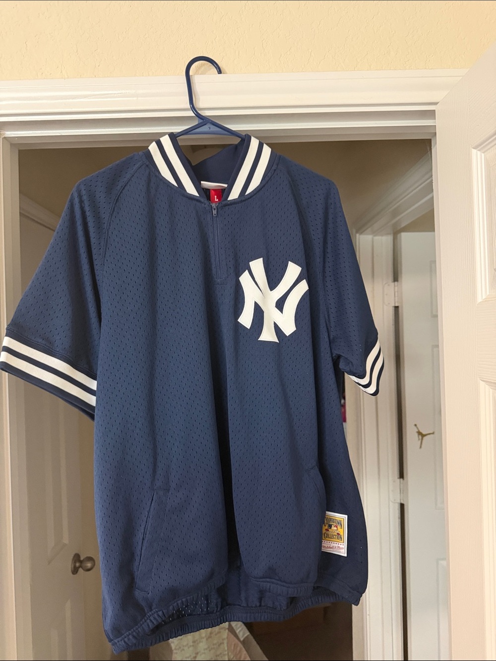 Mitchell & Ness Navy Blue Mesh Pullover with White Stripes